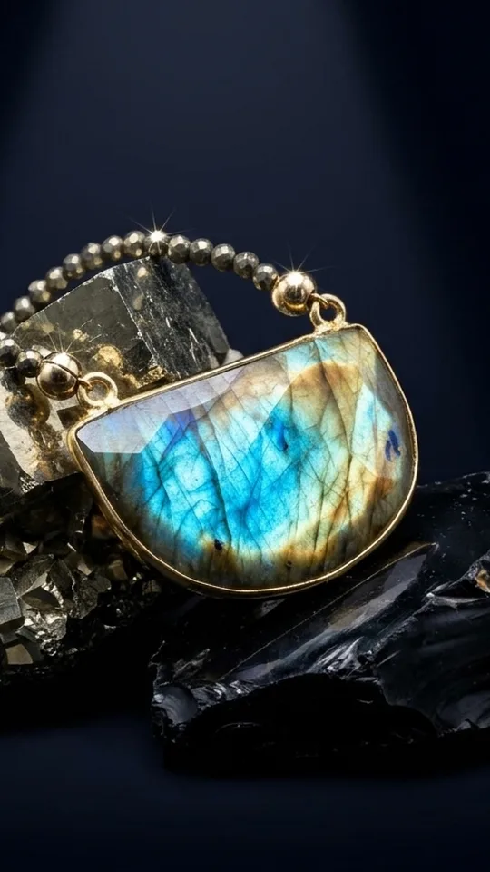 A blue labradorite half-moon pendant on a pyrite strand