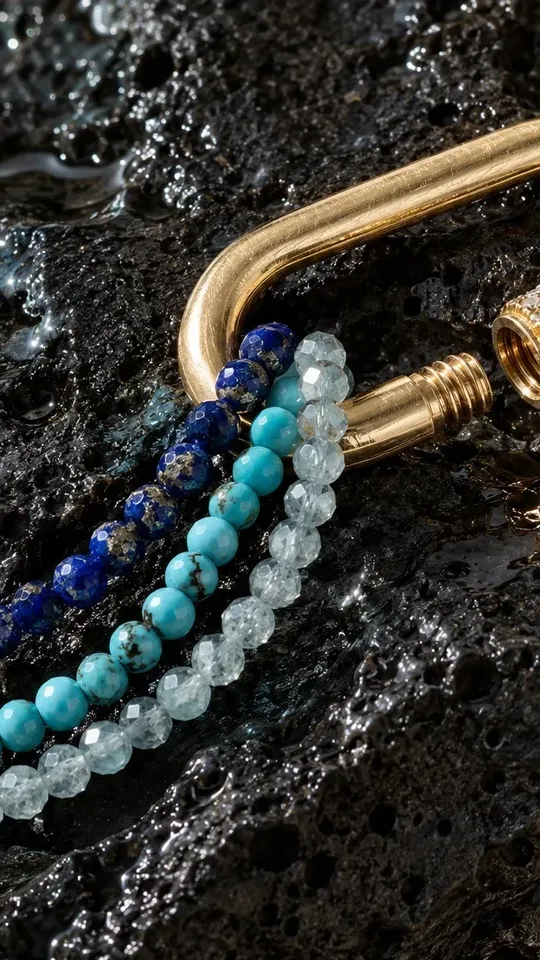 A gold pavé carabiner on wet black rock with lapis, turquoise and aquamarine strands