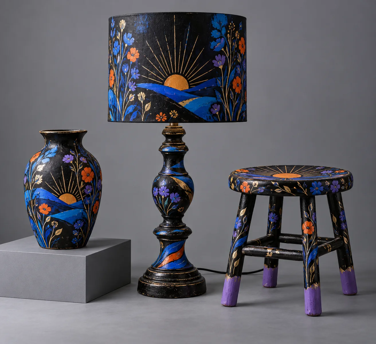 Concept render of a black vase, table lamp and stool painted with a gold-lined sunrise over blue hills and orange and violet flowers
