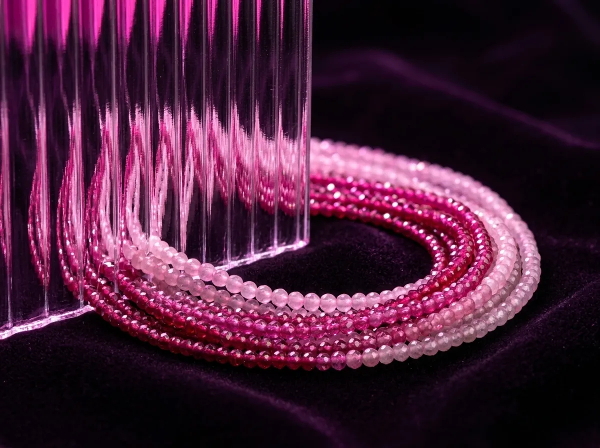 Pink and magenta faceted strands coiled on velvet behind ribbed glass